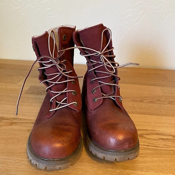 Timberland Teddy Fleece Burgundy Women's Leather Boots - Picture 2 of 12